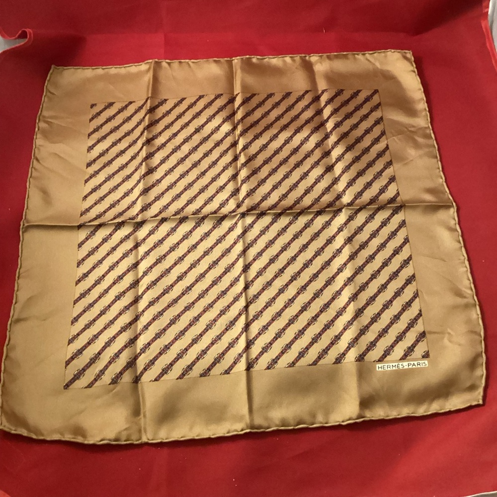 Vintage Hermès pocket square silk handkerchief gold tone and brown